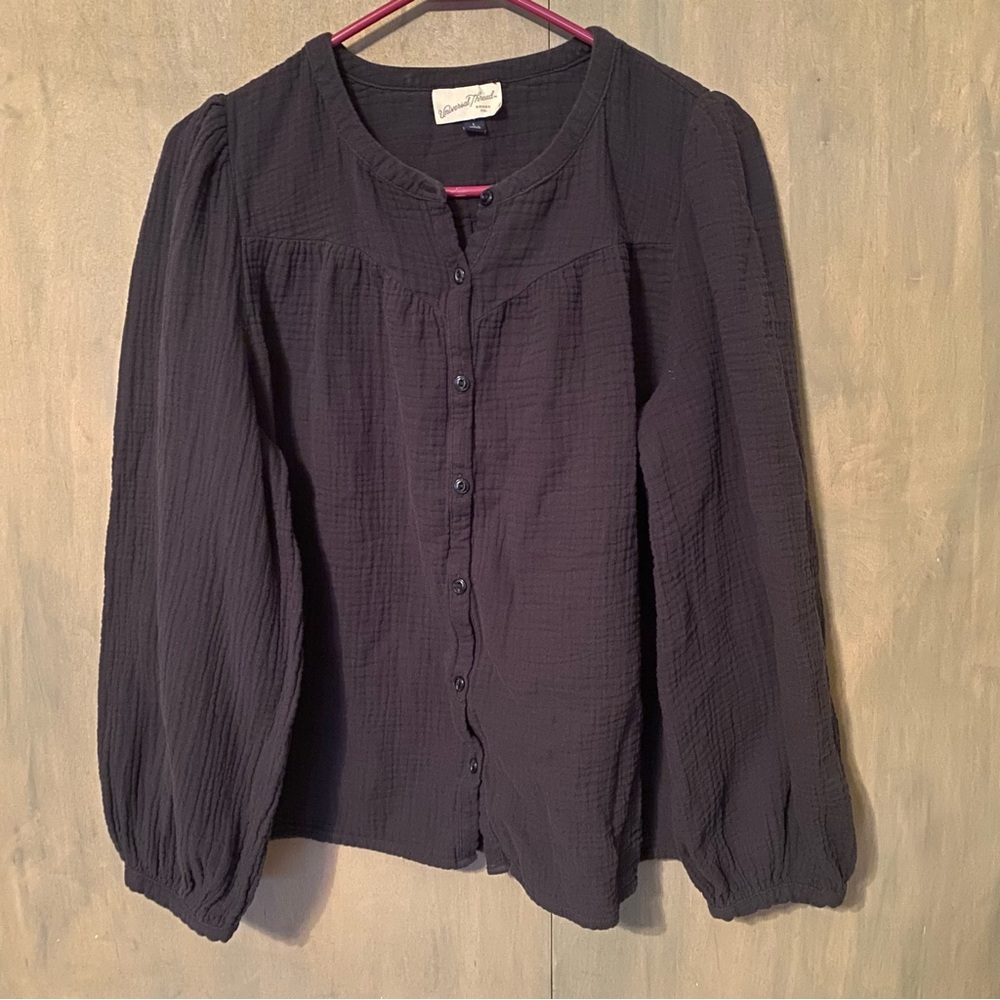 Women's dark grey Button-Up Top waffle texture linen feel